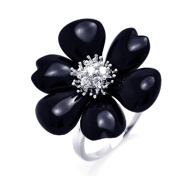 Silver 925 Rhodium Plated Black Onyx Clear CZ Flower Ring - BGR00257