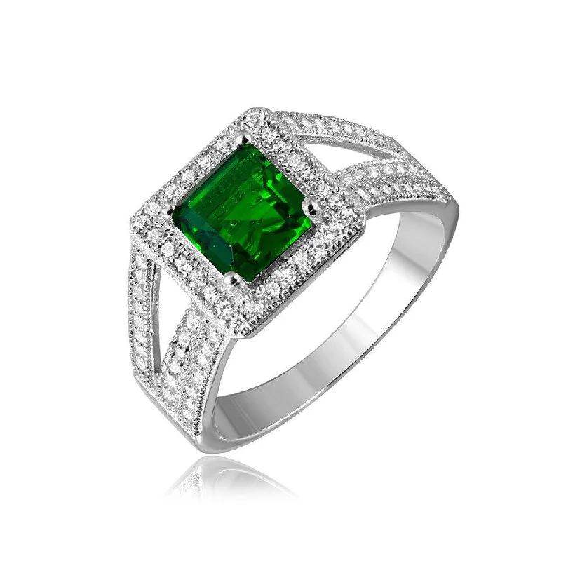 Silver 925 Rhodium Plated Green Square Halo with Micro Pave CZ Ring - GMR00103G