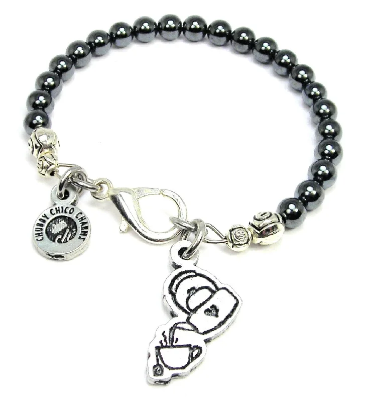 Adorable Kettle Pouring Cup Of Tea Hematite Glass Bracelet