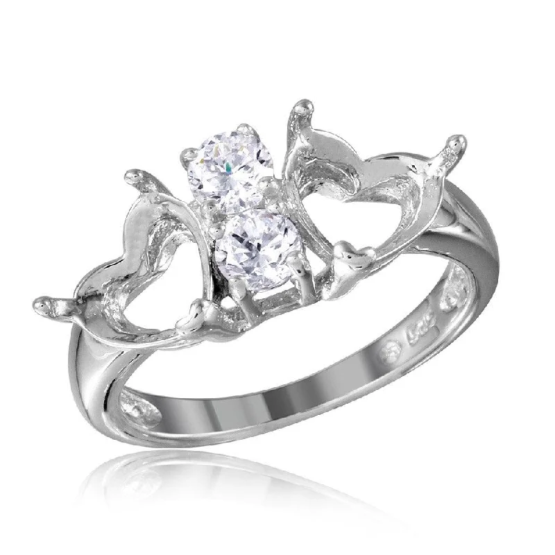 Silver 925 Rhodium Plated Double Heart Mounting Ring Spite By CZ - BGR01059