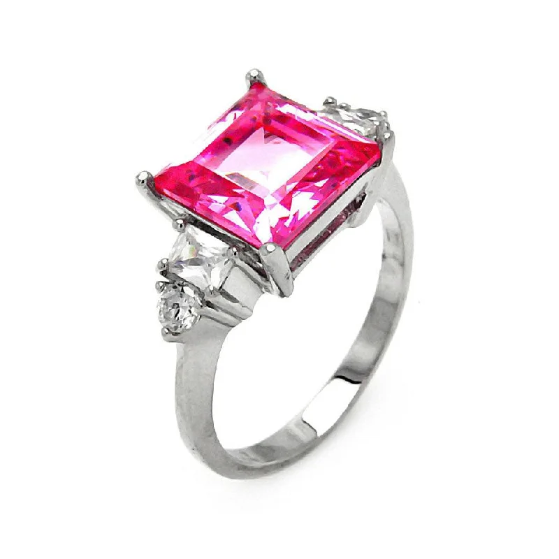 Clearance-Silver 925 Rhodium Plated Pink Princess Cut CZ Ring - STR00014