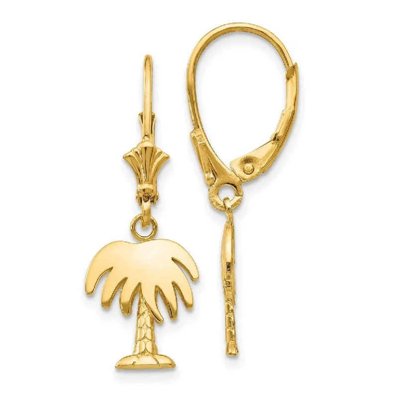 Curata 14k Yellow Gold Textured Palm Tree Leverback Earrings 29x10mm