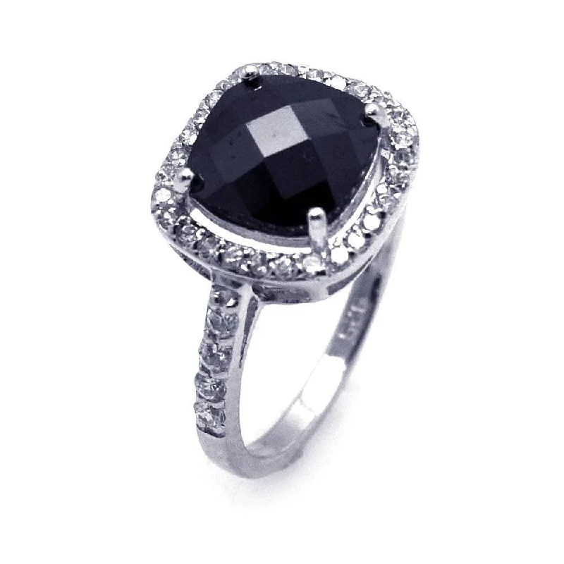 Silver 925 Rhodium Plated Black Center and Cluster CZ Ring - STR00597