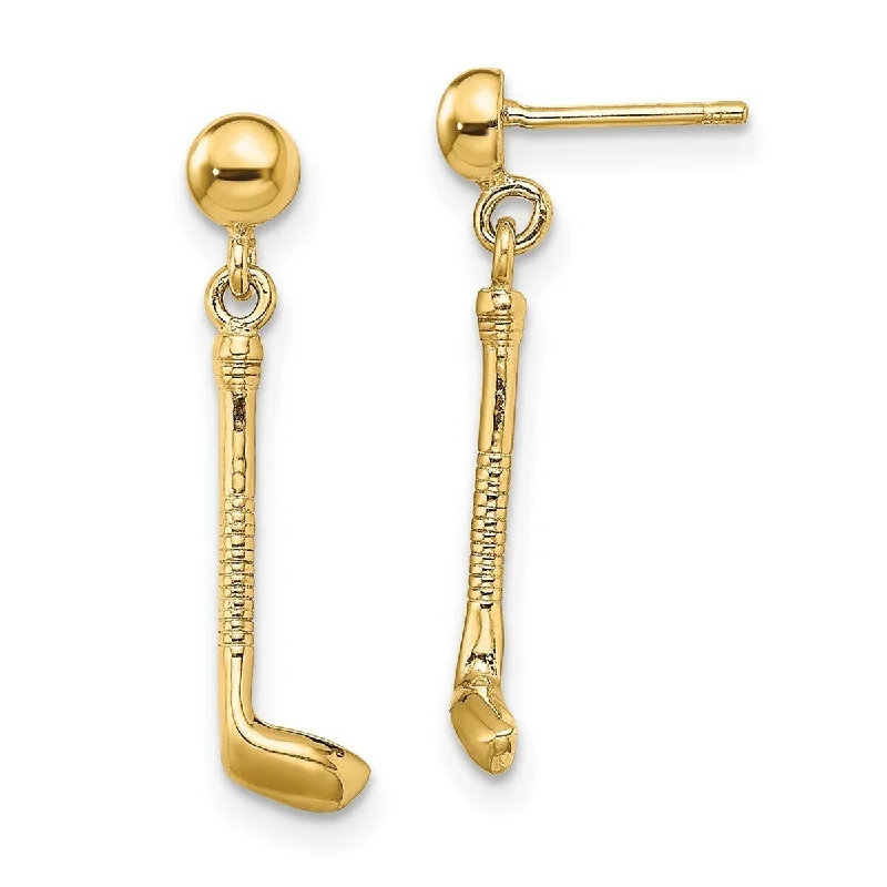 Curata 14k Yellow Gold Polished Post Earrings Golf Club Long Drop Dangle Earrings - 25x5mm