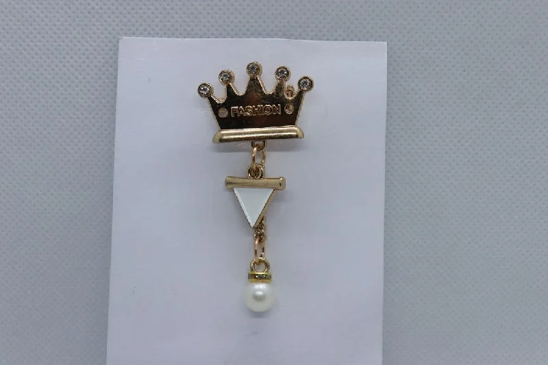 Golden Crown With White Hanging Imitation Jewellery Lapel Pin