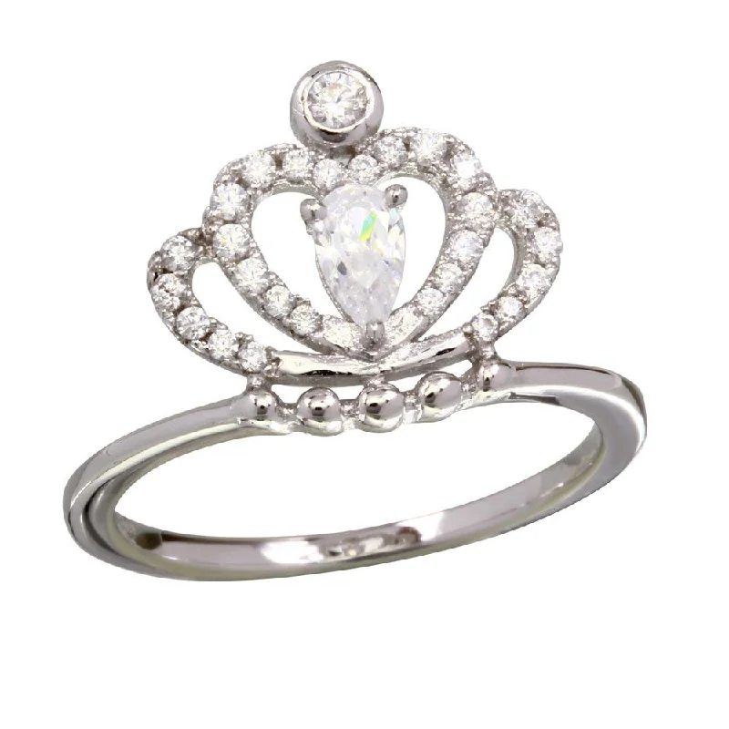 Rhodium Plated 925 Sterling Silver Clear CZ Crown Ring - BGR01169CLR