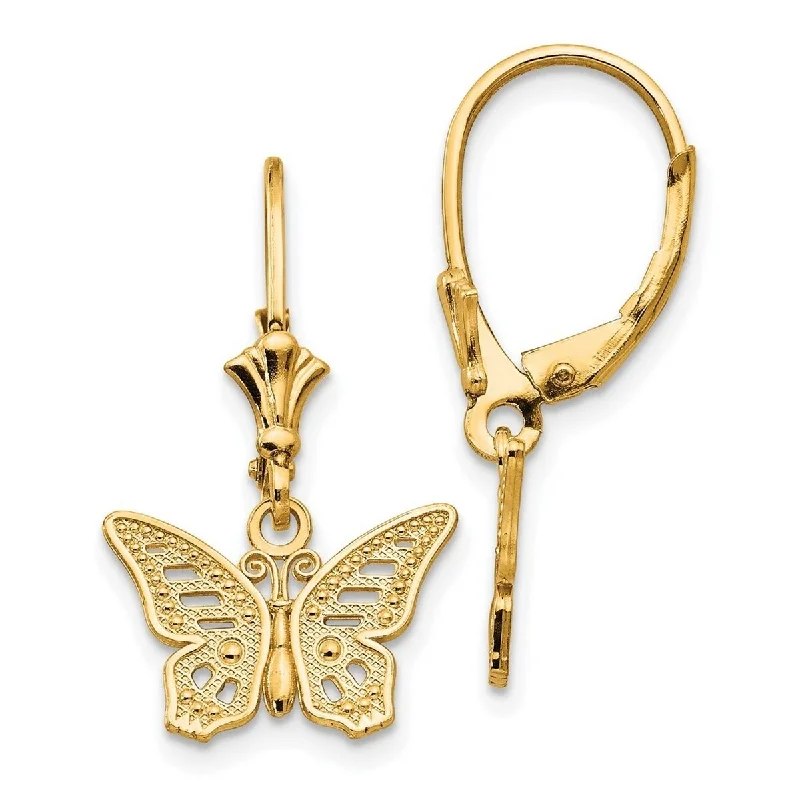 Curata 14k Yellow Gold Cutout Textured Butterfly Leverback Earrings 26mm long