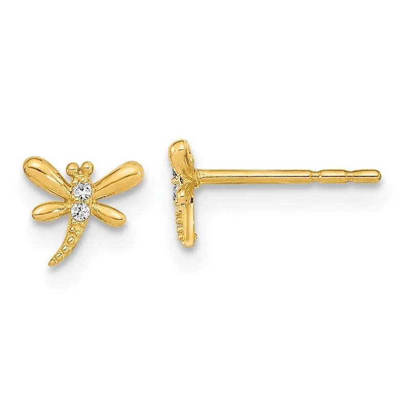 Curata 14k Gold Polished Dragonfly With CZ Cubic Zirconia Post Earrings - 5.65x6.25mm Wide