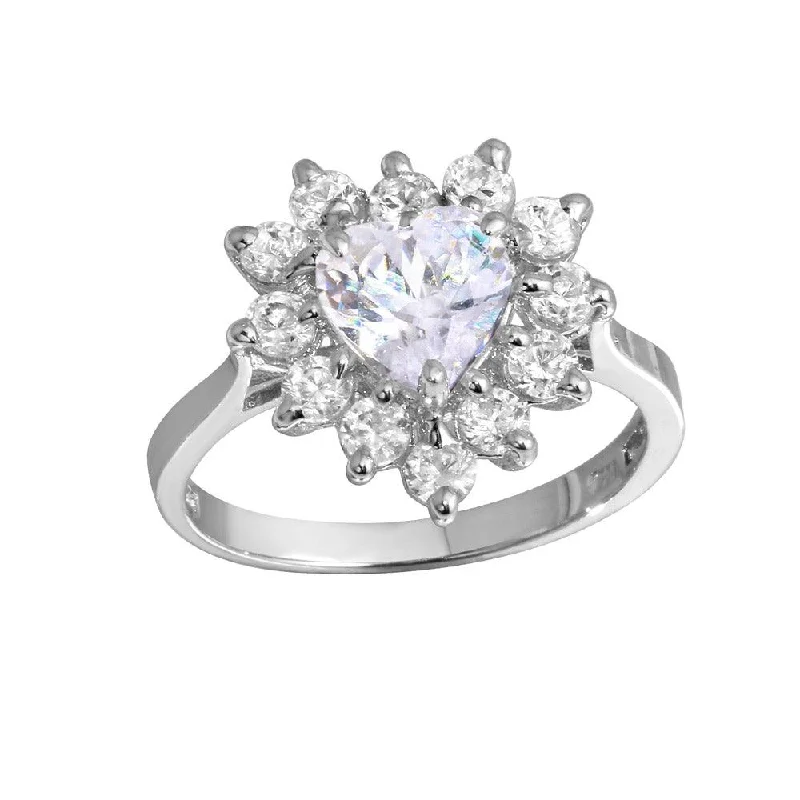 Rhodium Plated 925 Sterling Silver CZ Heart Flower Ring - GSR00003