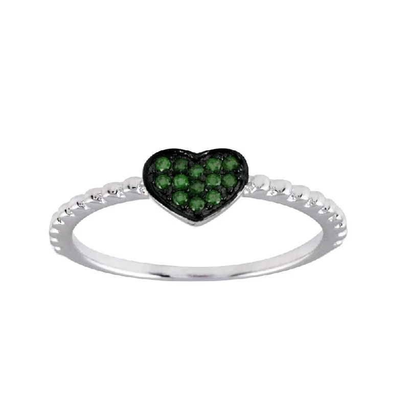 Rhodium Plated 925 Sterling Silver Beaded Heart Green CZ Ring - BGR01245GRN