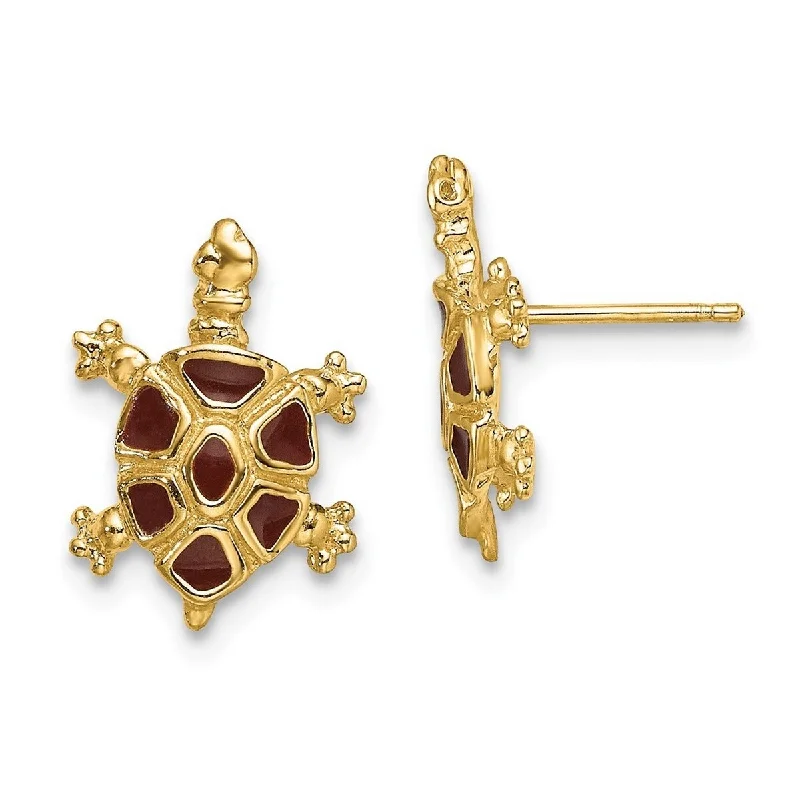 Curata 14k Yellow Gold Land Turtle With Brown Enamel Shell Earrings - 15x11.4mm