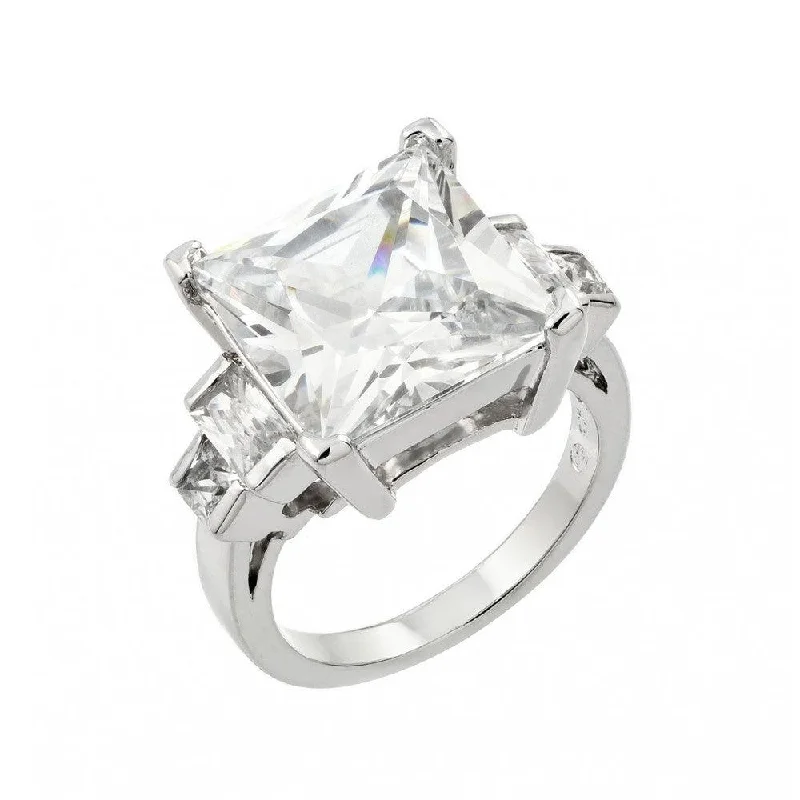 Silver 925 Rhodium Plated Large Clear Square CZ Ring - BGR00847