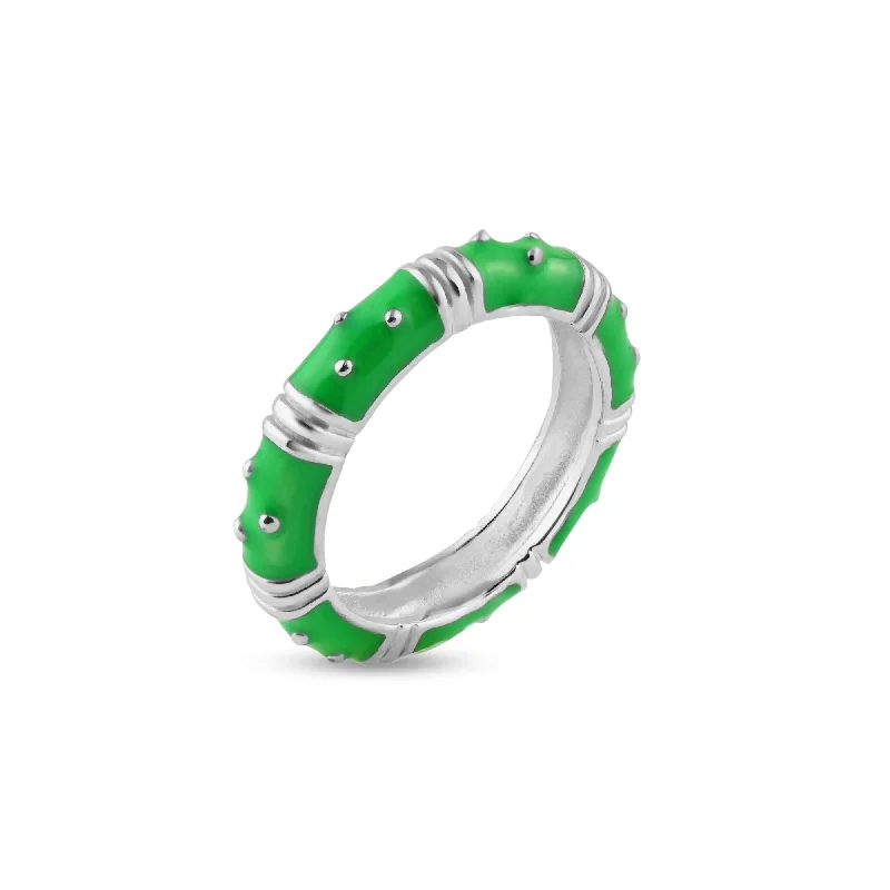 Silver 925 Rhodium Plated Green Enamel Ring - STR00613