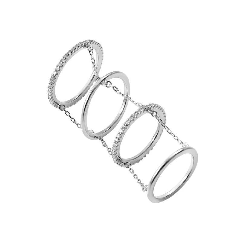 Silver 925 Rhodium Plated 4-Band Chain Ring with CZ Accents - BGR00979