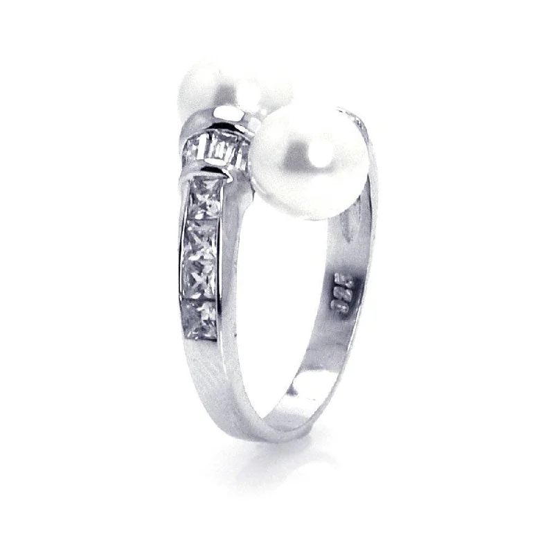 Silver 925 Rhodium Plated CZ Double Pearl Ring - STR00505