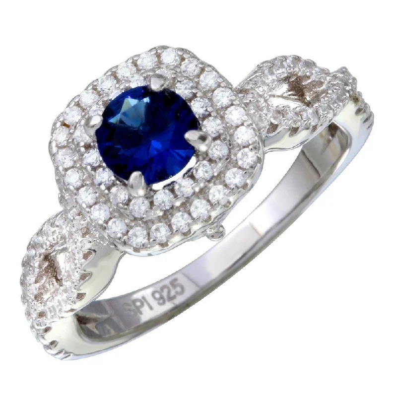 Rhodium Plated 925 Sterling Silver  Blue and Clear CZ Ring - STR01090