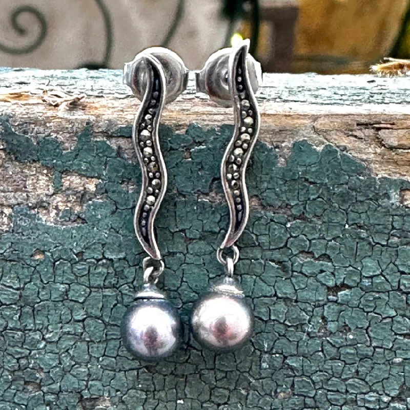 Sterling Silver Black Pearl Marcasite Pierced Post Earrings