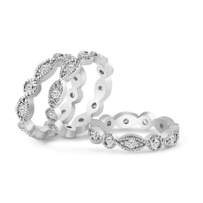 Silver 925 Rhodium Plated Clear Round Marquise CZ Stackable Eternity Ring Set - AAR0019