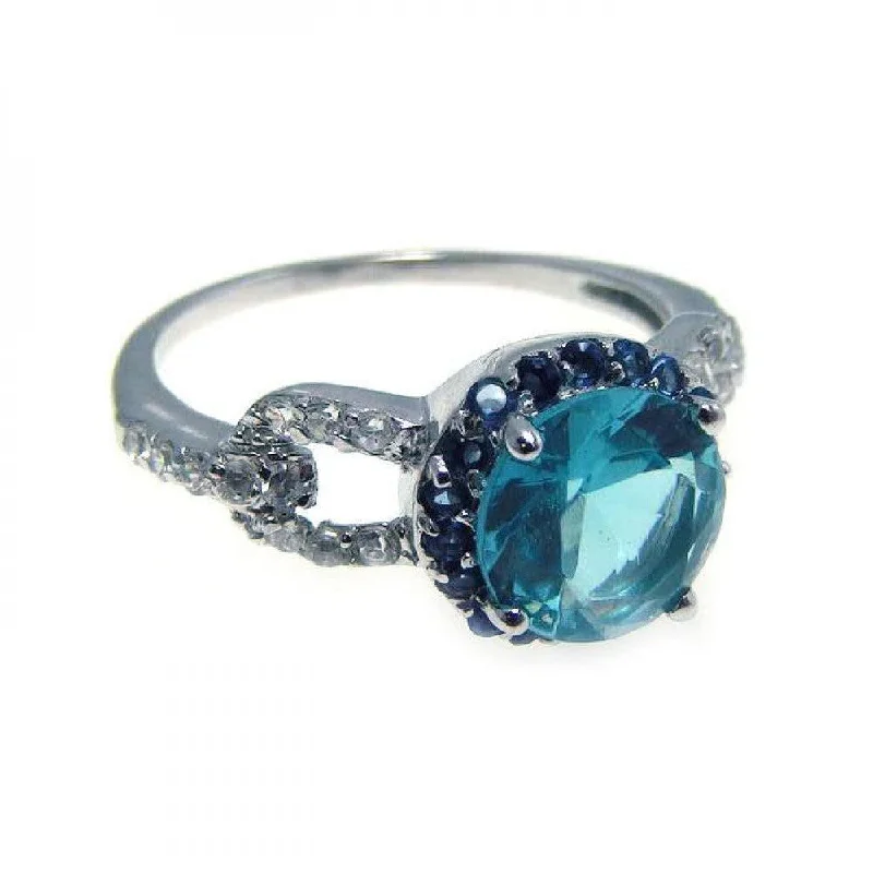 Silver 925 Rhodium Plated Blue Center Cluster and Clear CZ Ring - STR00532