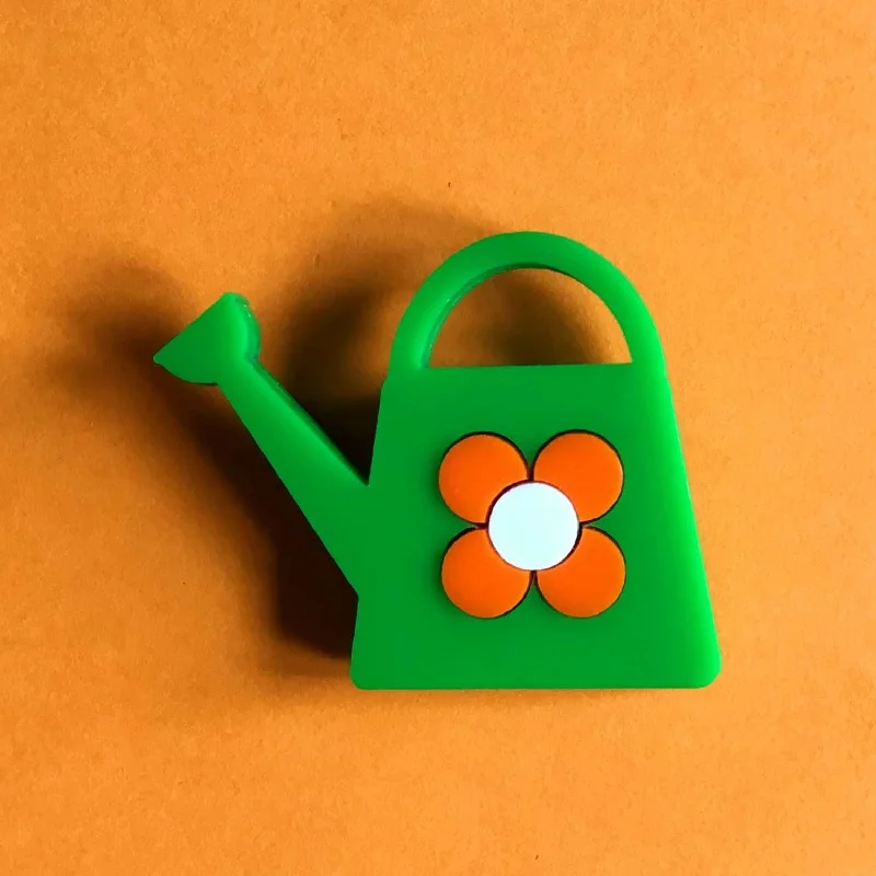 WATERING CAN Acrylic Brooch, Green With an Orange Flower 🌱 🌼