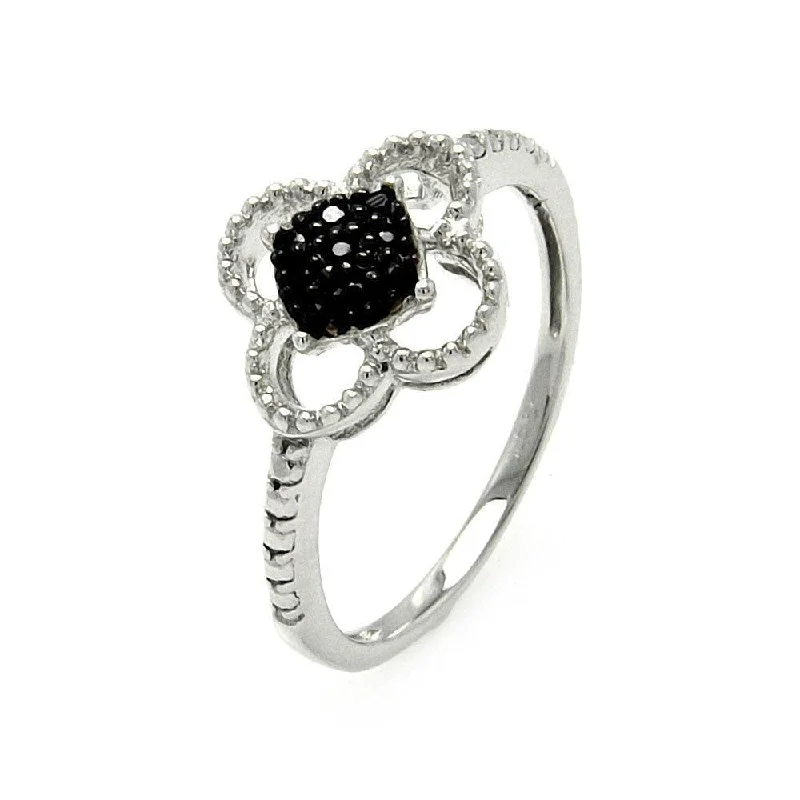 Silver 925 Black and Silver Rhodium Plated Black and Clear CZ Flower Ring - STR00909