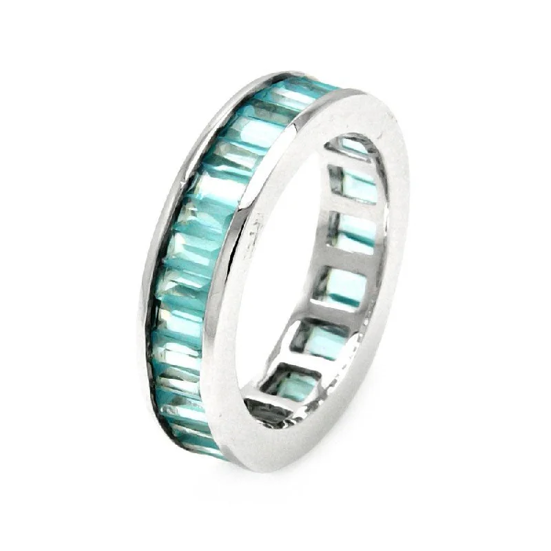 Silver 925 Rhodium Plated Channel Set Aqua Blue Baguette CZ Stackable Eternity Ring - STR00124BLU