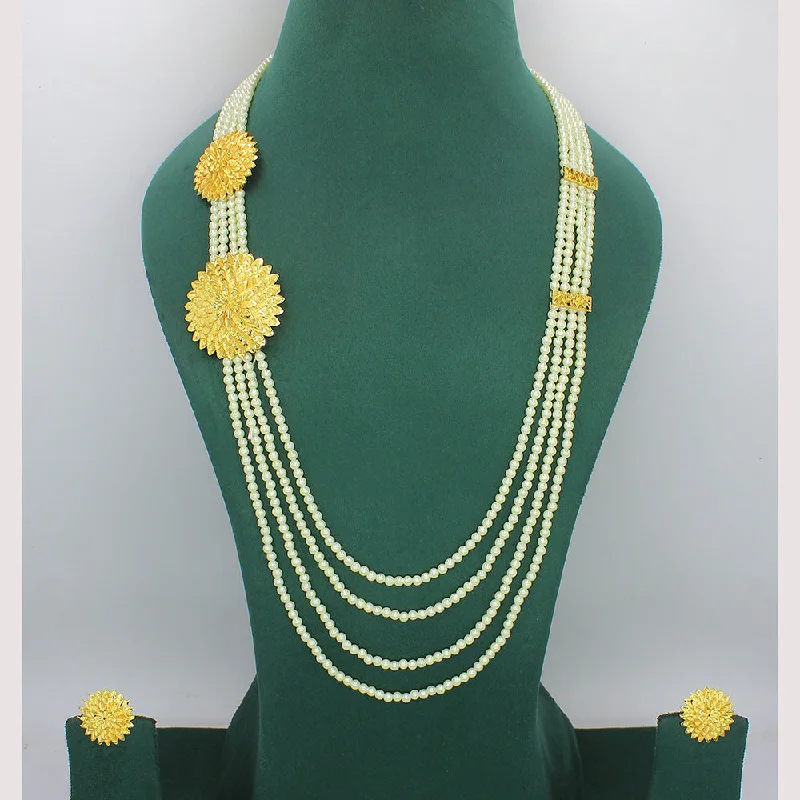 Mahavir Gold Plated Pearl Multi Layer Long Necklace Set