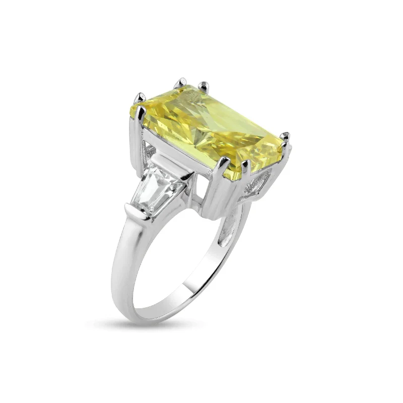 Silver 925 Rhodium Plated Rectangular Yellow Center and Clear CZ Ring - STR00453YEL