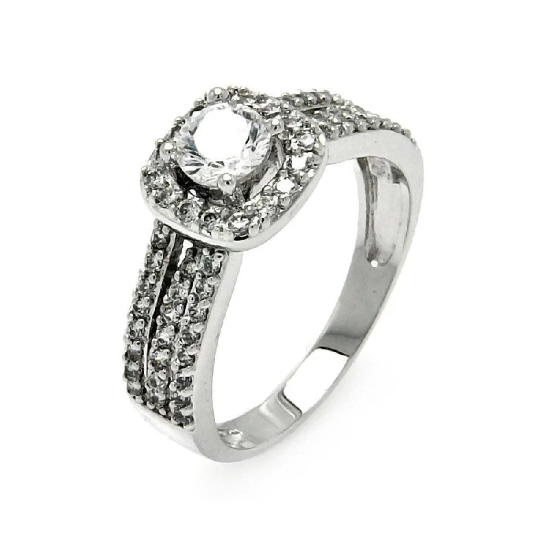 Silver 925 Rhodium Plated Round Pave Set Center CZ Square Ring - BGR00464