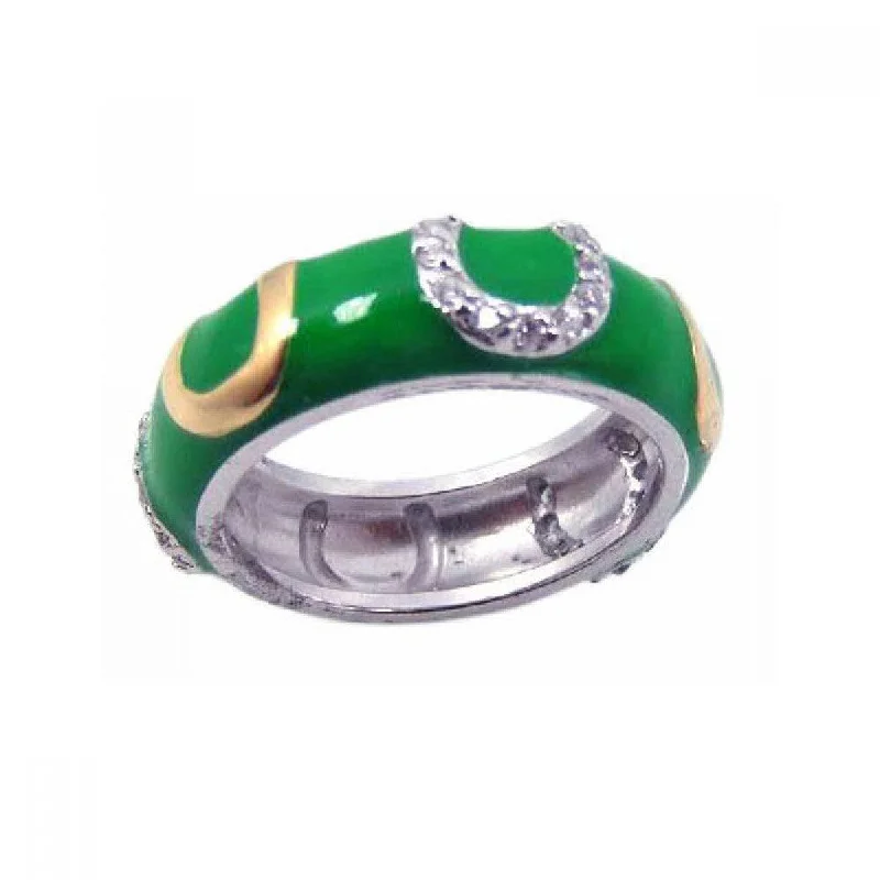 Clearance-Silver 925 Rhodium Plated Green Enamel CZ Horse Shoe Ring - STR00455