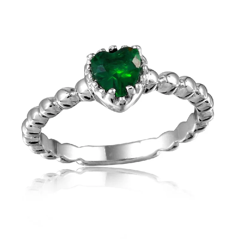 Silver 925 Rhodium Plated Beaded Band Green Heart Center Stone Ring - BGR01052GRN