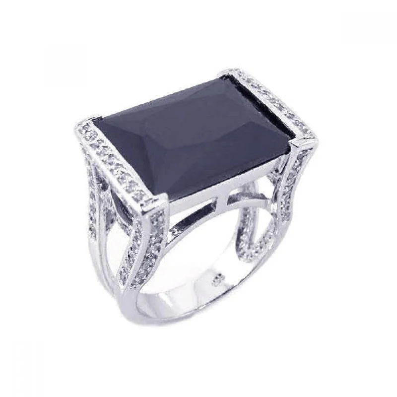 Silver 925 Rhodium Plated Black Onyx Clear CZ Square Ring - BGR00134