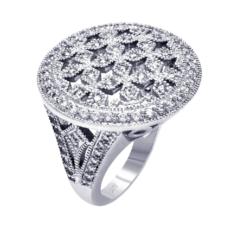 Clearance-Silver 925 Rhodium Plated Clear Cluster CZ Cross Out Disc Ring - BGR00379