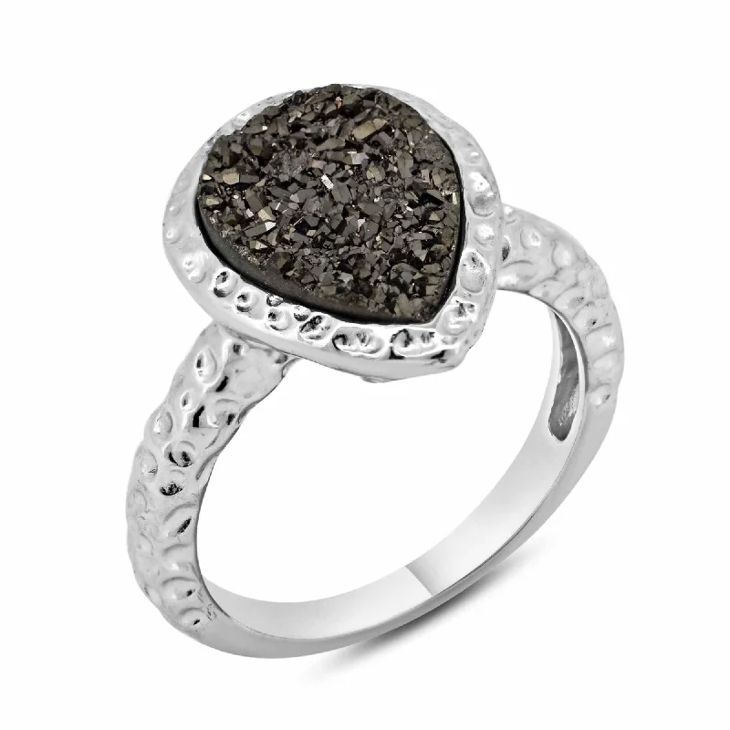 Silver 925 Rhodium Plated Pear Brown Druzy Gemstone Ring - BGR00748