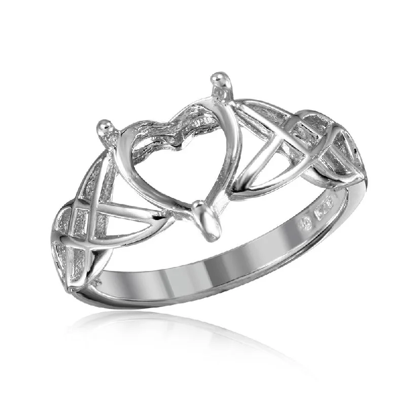 Silver 925 Rhodium Plated Criss Cross Designed Shank Heart Mounting Ring - BGR01016