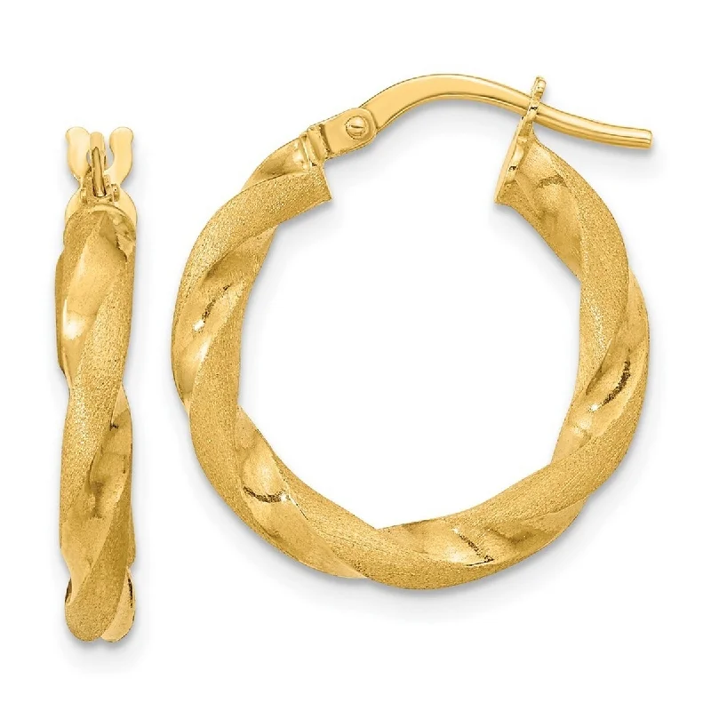 Curata 14k Yellow Gold Satin and Textured 21x3mm Twisted Hoop Earrings