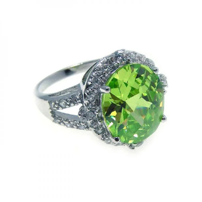 Silver 925 Rhodium Plated Round Green Center Clear Cluster CZ Ring - STR00484