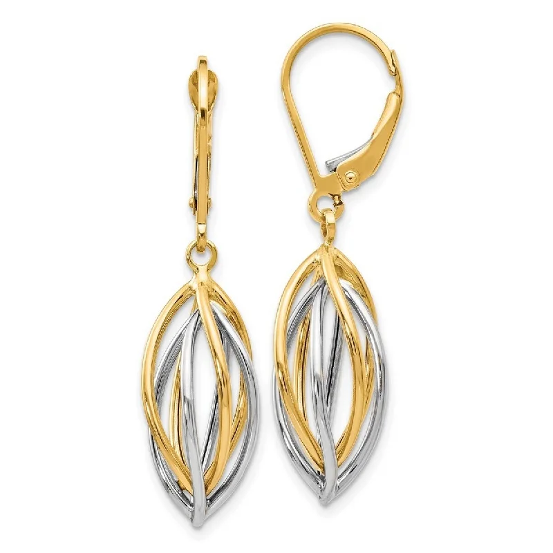 14k Two-Tone Gold Polished Intertwined Bird-cage Leverback Earrings (9mm x 36mm) - Orange