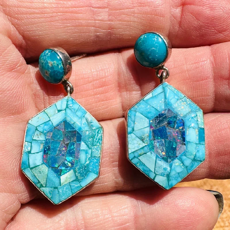 Sterling Silver Turquoise & Opal Mosaic Pierced Post Earrings