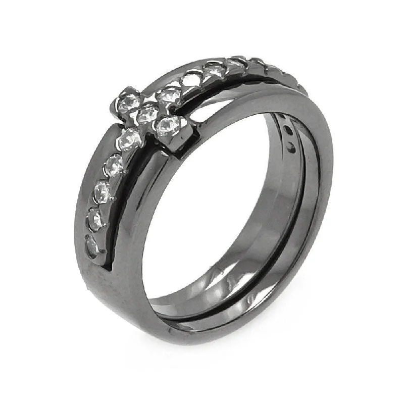 Silver 925 Black Rhodium Plated Clear CZ Cross Ring - BGR00527