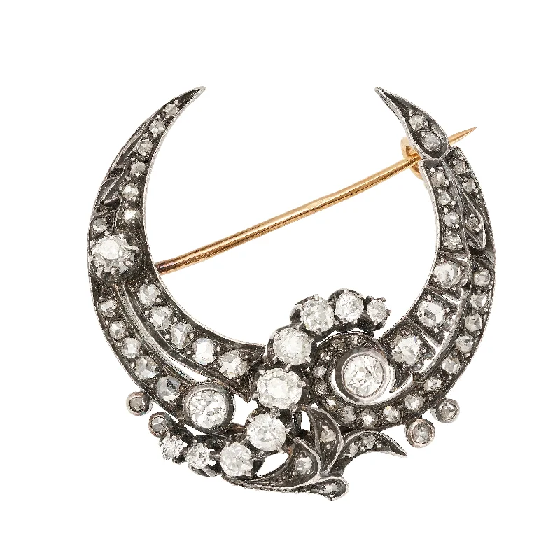 *NEW* Victorian Crescent Diamond Moon 18ct. & Silver Brooch