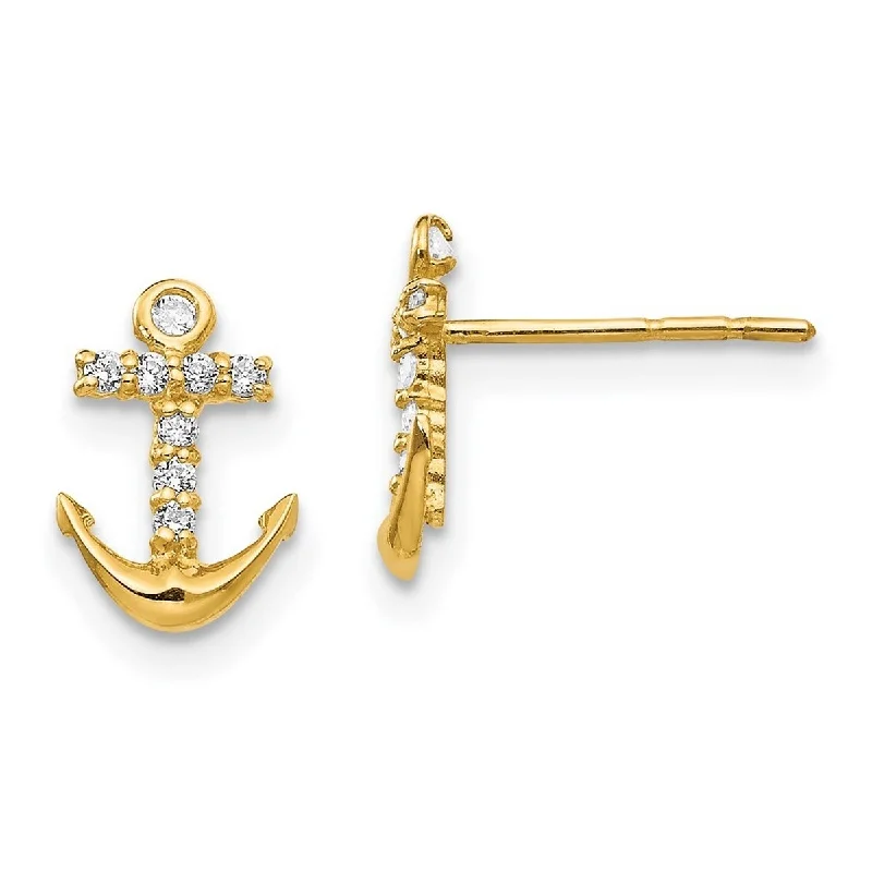 Curata 14k Yellow Gold Polished CZ Cubic Zirconia Nautical Ship Mariner Anchor Post Earrings - 10x6mm