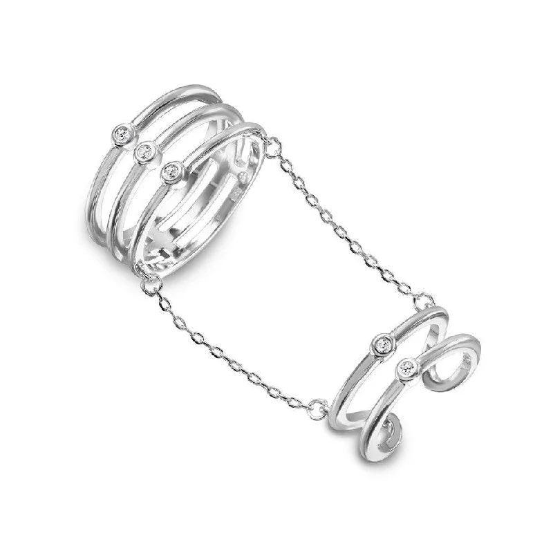 Silver 925 Rhodium Plated 2 Rings in 1 Attached on a Chain - BGR01025