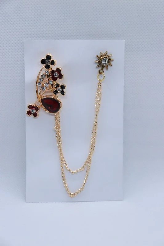 Golden Red Stone Black Flower Brooch