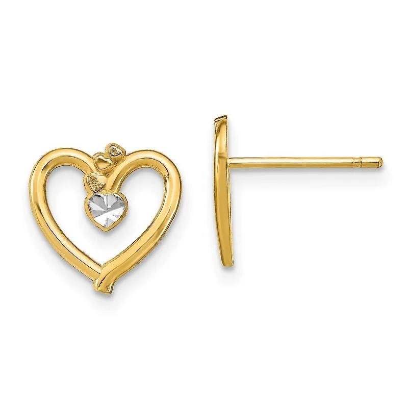 Curata 14k Two tone Gold Heart With White Shooting Starburst Post Earrings 10x11mm