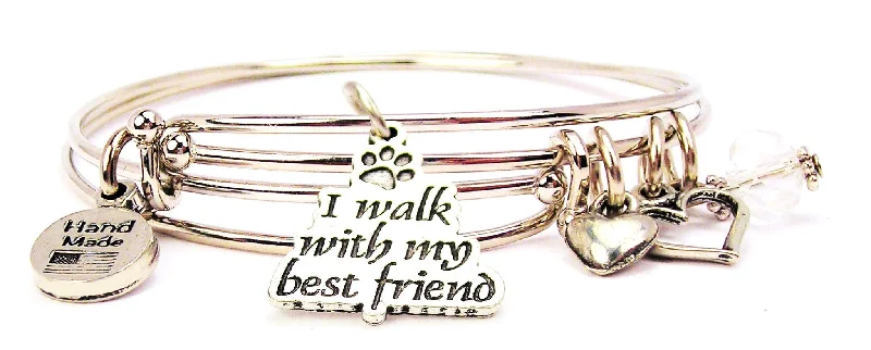 I Walk With My Best Friend Paw Prints Expandable Bangle Bracelet Set