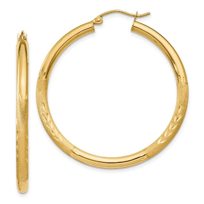 Curata 10k Yellow Gold Satin and Sparkle Cut 3x40mm Round Hoop Earrings - 40x40mm Wide