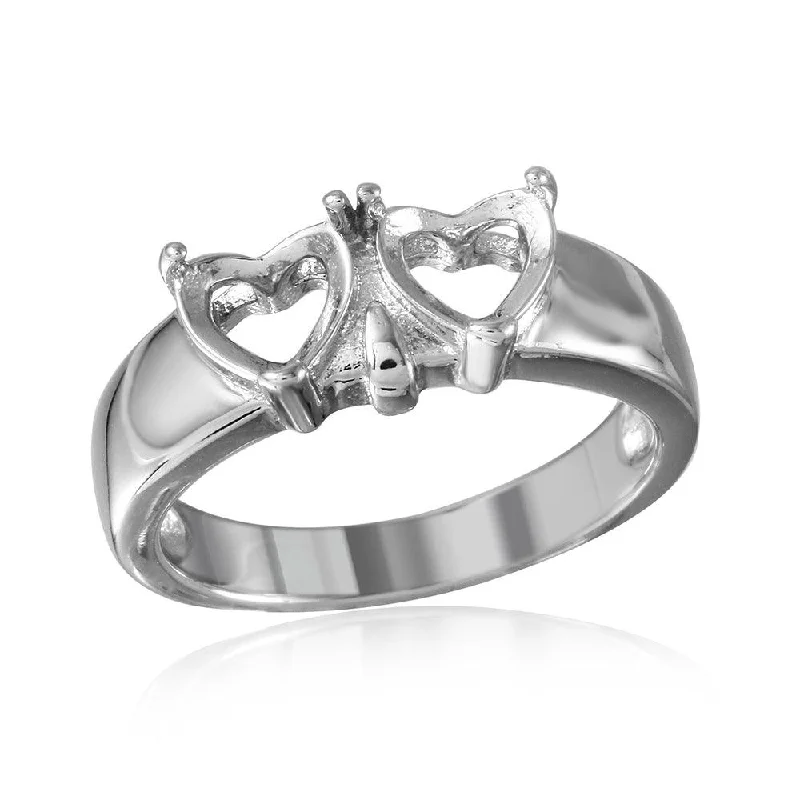 Silver 925 Rhodium Plated Double Heart Mounting Ring - BGR00502