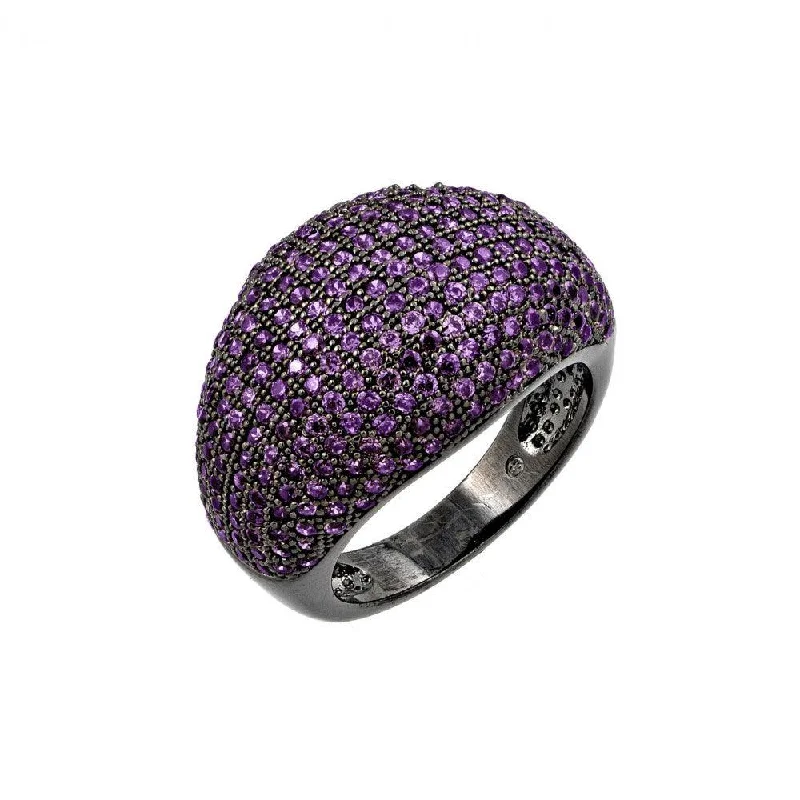 Silver 925 Oxidized Rhodium Plated Purple CZ Dome Ring - BGR00774PUR