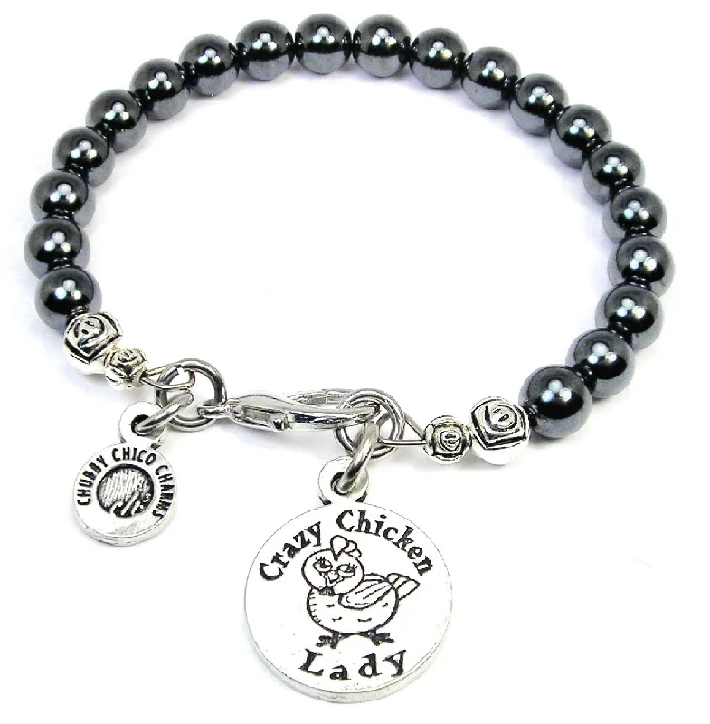 Crazy Chicken Lady Hematite Glass Bracelet